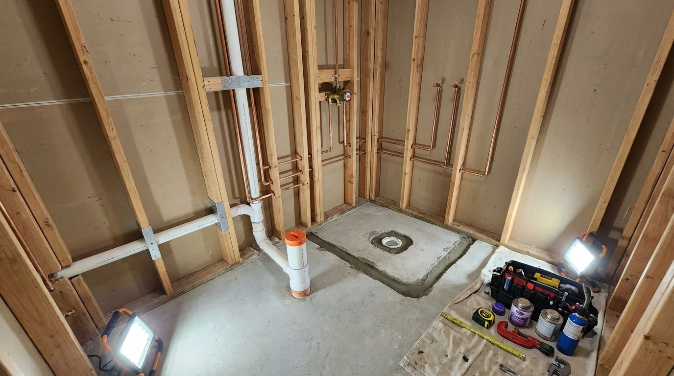 Bathroom rough-in plumbing during remodel by Johns Plumbing LLC in Angel Fire