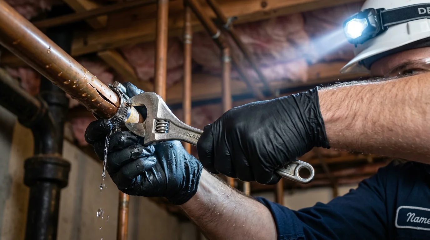 Emergency pipe clamp repair being performed by a Johns Plumbing LLC plumber in Angel Fire