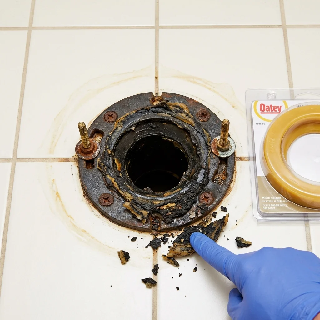 Failed wax ring showing water seepage at the base of a toilet in a Angel Fire, NM home