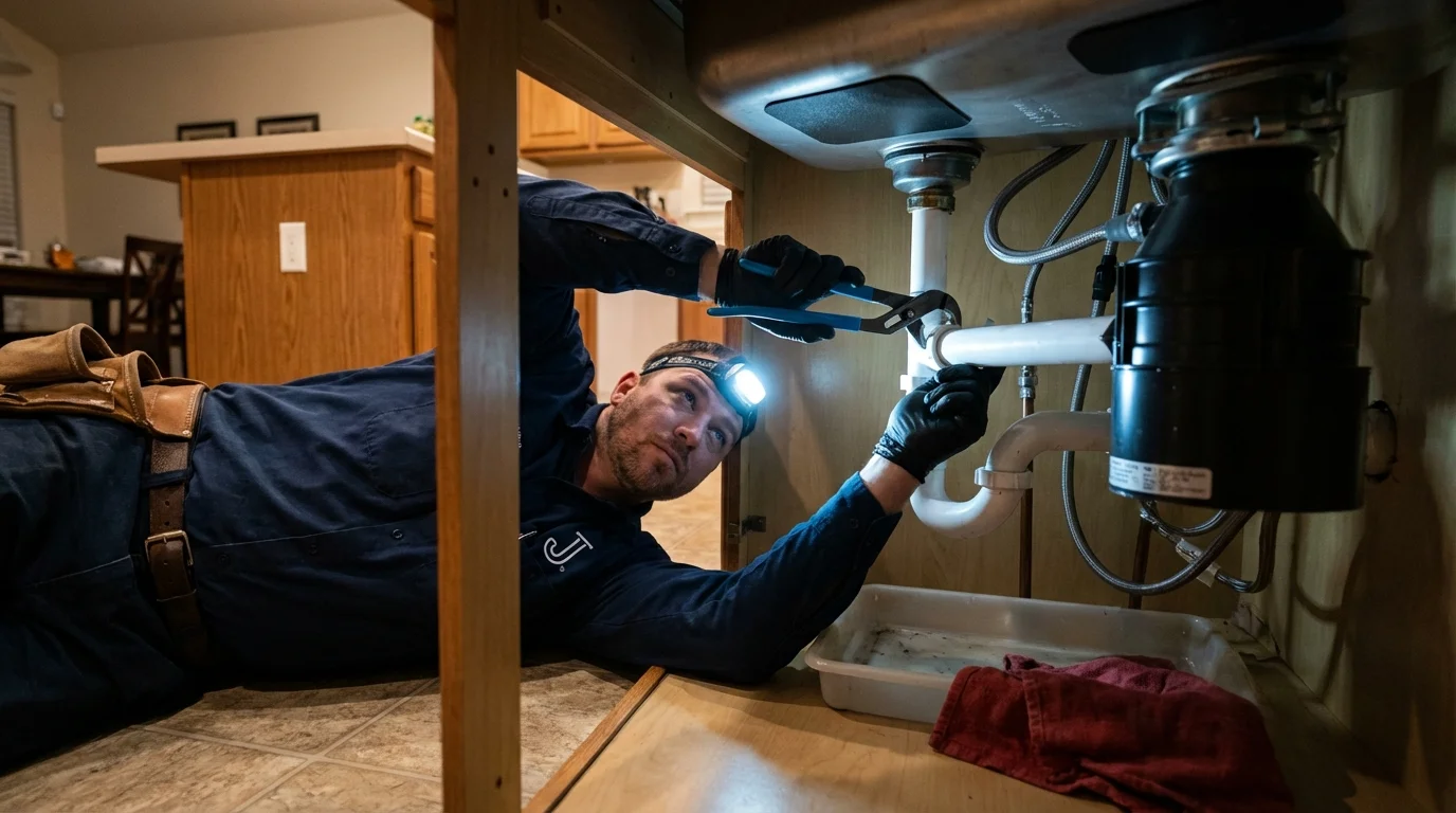 P-trap and supply line connections under a kitchen sink showing a common leak point in Angel Fire, NM